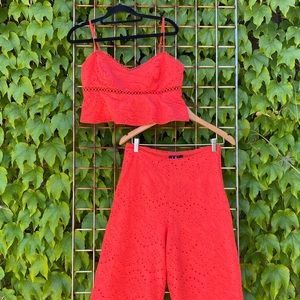 EUC Lulu’s Two Piece Red Eyelet Crop Top and Wide Leg Pants Medium